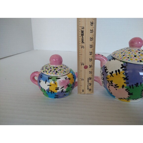 Vintage 2005 Hand Painted Signed Tea Set Pot Sugar Bowl Creamer patchwork - Picture 7 of 16